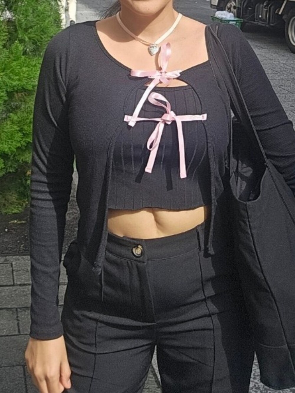 Black Women's Long Sleeve Cardigan with Pink Ribbon Bow Ties - Picture 3 of 4